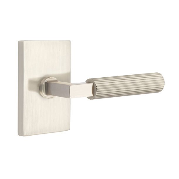 Emtek Privacy Straight Knurled Lever With L-Square Stem And Modern Rectangular Rose with Concealed Screws In Satin Nickel
