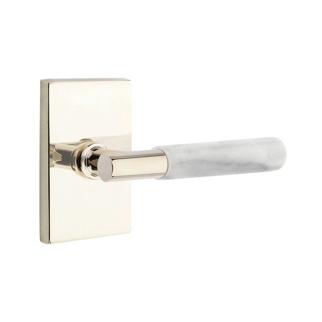 Emtek Privacy White Marble Lever With T-Bar Stem And Modern Rectangular Rose with Concealed Screws In Polished Nickel