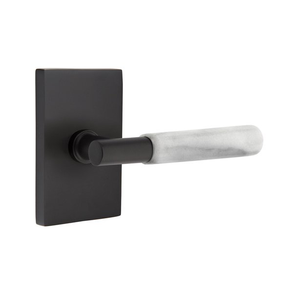 Emtek Privacy White Marble Right Handed Lever With T-Bar Stem And Modern Rectangular Rose In Flat Black