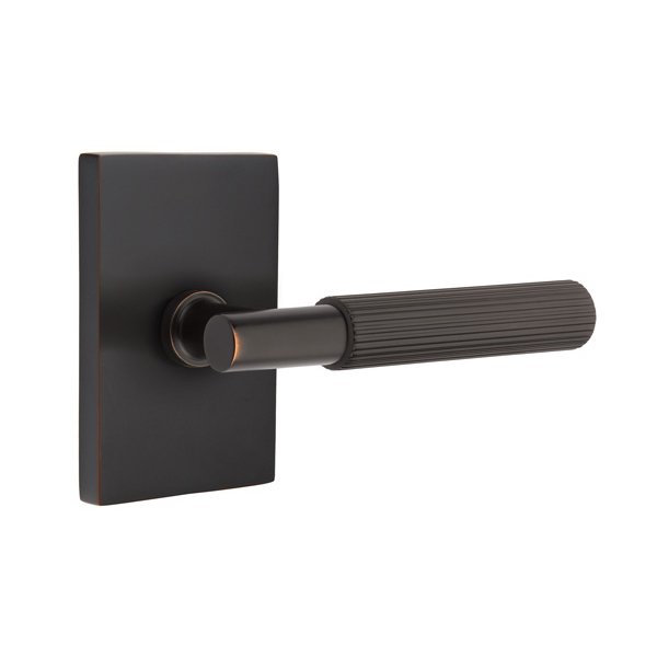 Emtek Privacy Straight Knurled Left Handed Lever With T-Bar Stem And Modern Rectangular Rose In Oil Rubbed Bronze