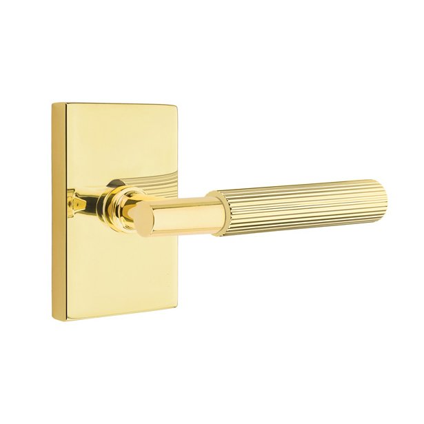 Emtek Privacy Straight Knurled Right Handed Lever With T-Bar Stem And Modern Rectangular Rose In Unlacquered Brass