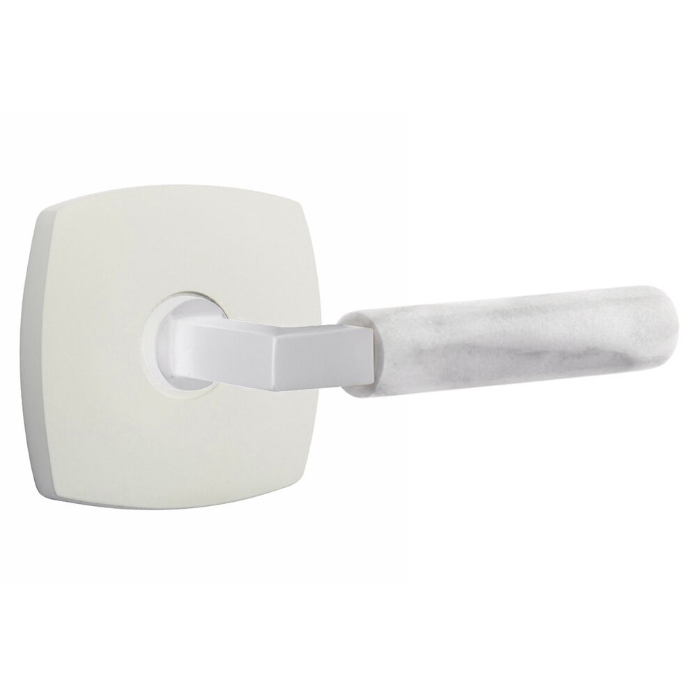 Emtek Double Dummy White Marble Right Handed Lever With L-Square Stem And Urban Modern Rose In Matte White