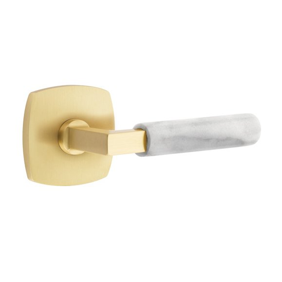 Emtek Double Dummy White Marble Right Handed Lever With L-Square Stem And Urban Modern Rose In Satin Brass