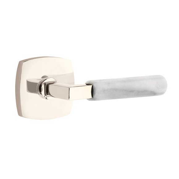 Emtek Passage White Marble Lever With L-Square Stem And Urban Modern Rose with Concealed Screws In Polished Nickel