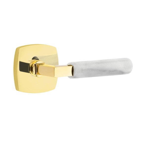 Emtek Passage White Marble Left Handed Lever With L-Square Stem And Urban Modern Rose In Unlacquered Brass