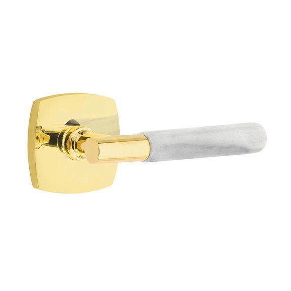Emtek Passage White Marble Lever With T-Bar Stem And Urban Modern Rose with Concealed Screws In Unlacquered Brass