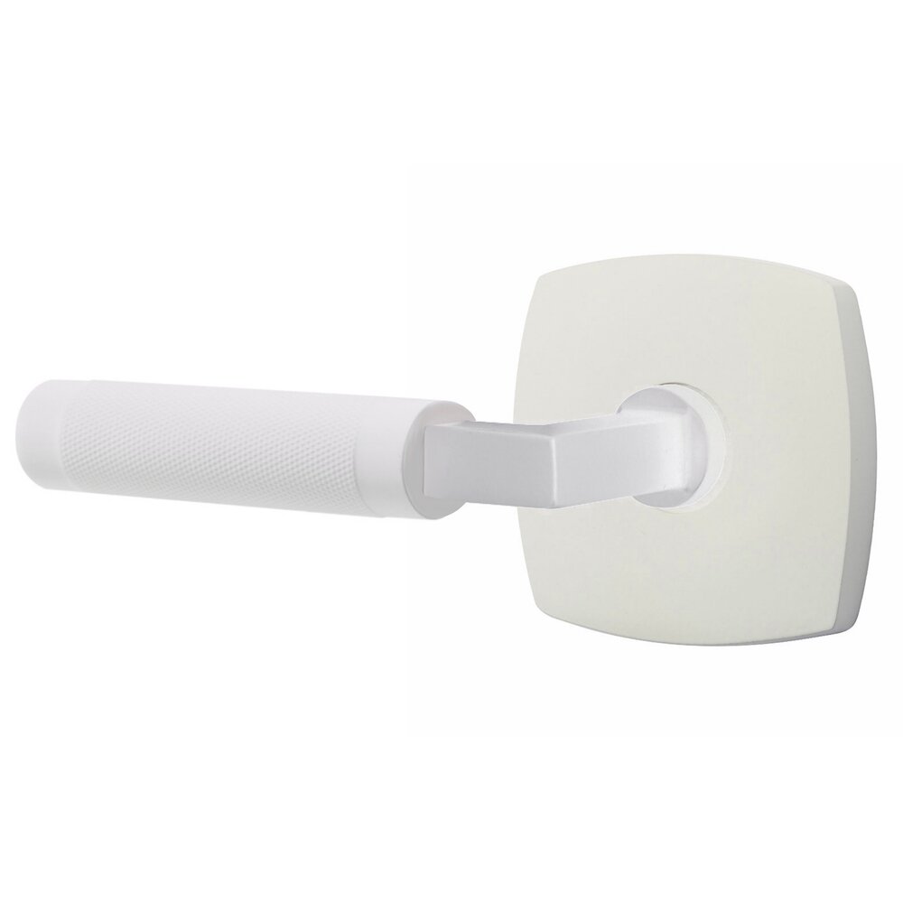 Emtek Privacy Knurled Left Handed Lever with L-Square Stem and Urban Modern Rosette With Concealed Screws in Matte White