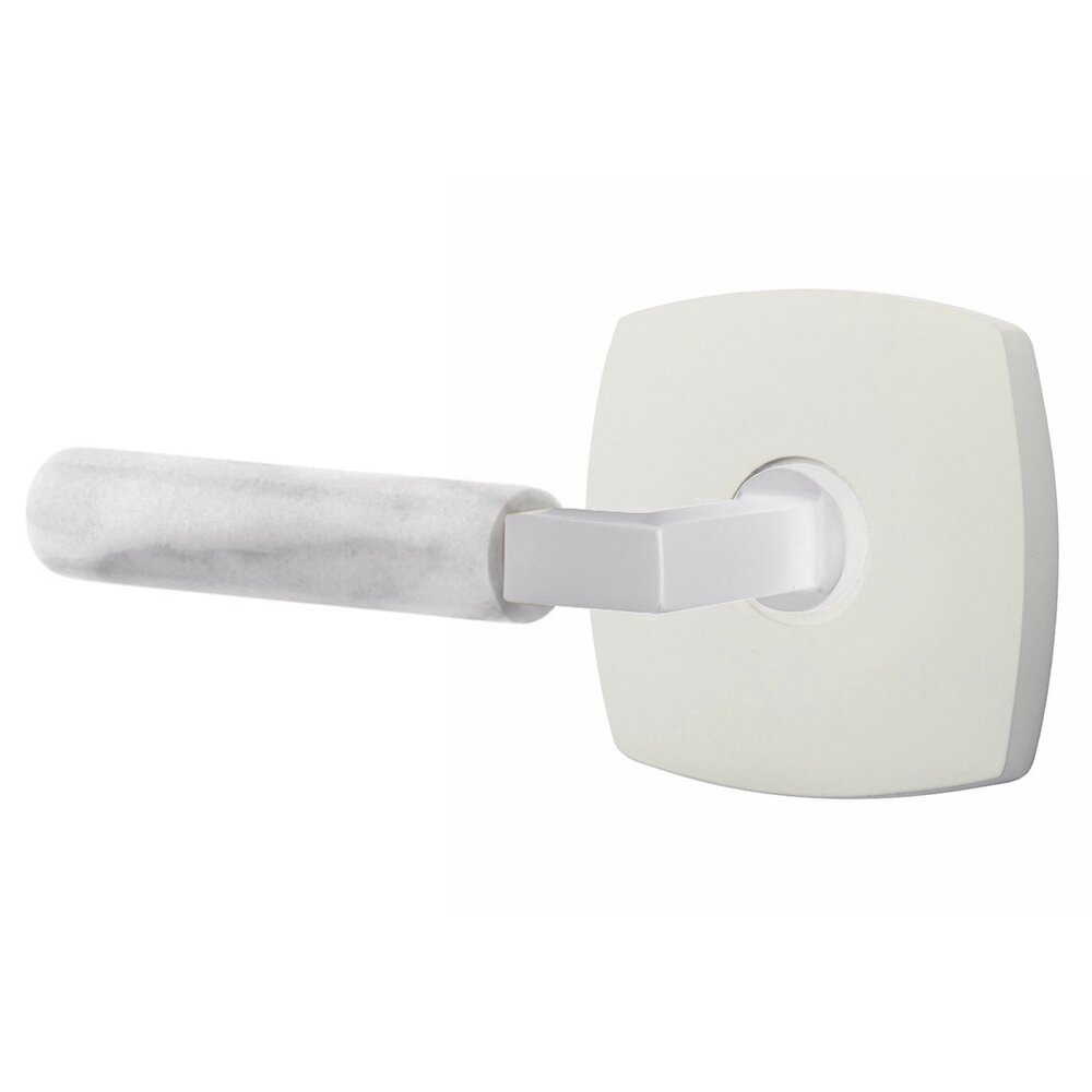 Emtek Privacy White Marble Left Handed Lever With L-Square Stem And Urban Modern Rosette With Concealed Screws In Matte White