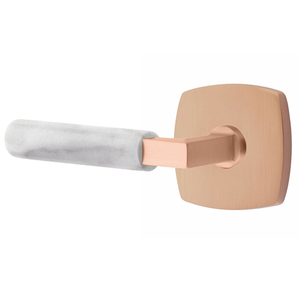 Emtek Privacy White Marble Left Handed Lever With L-Square Stem And Urban Modern Rosette With Concealed Screws In Satin Rose Gold