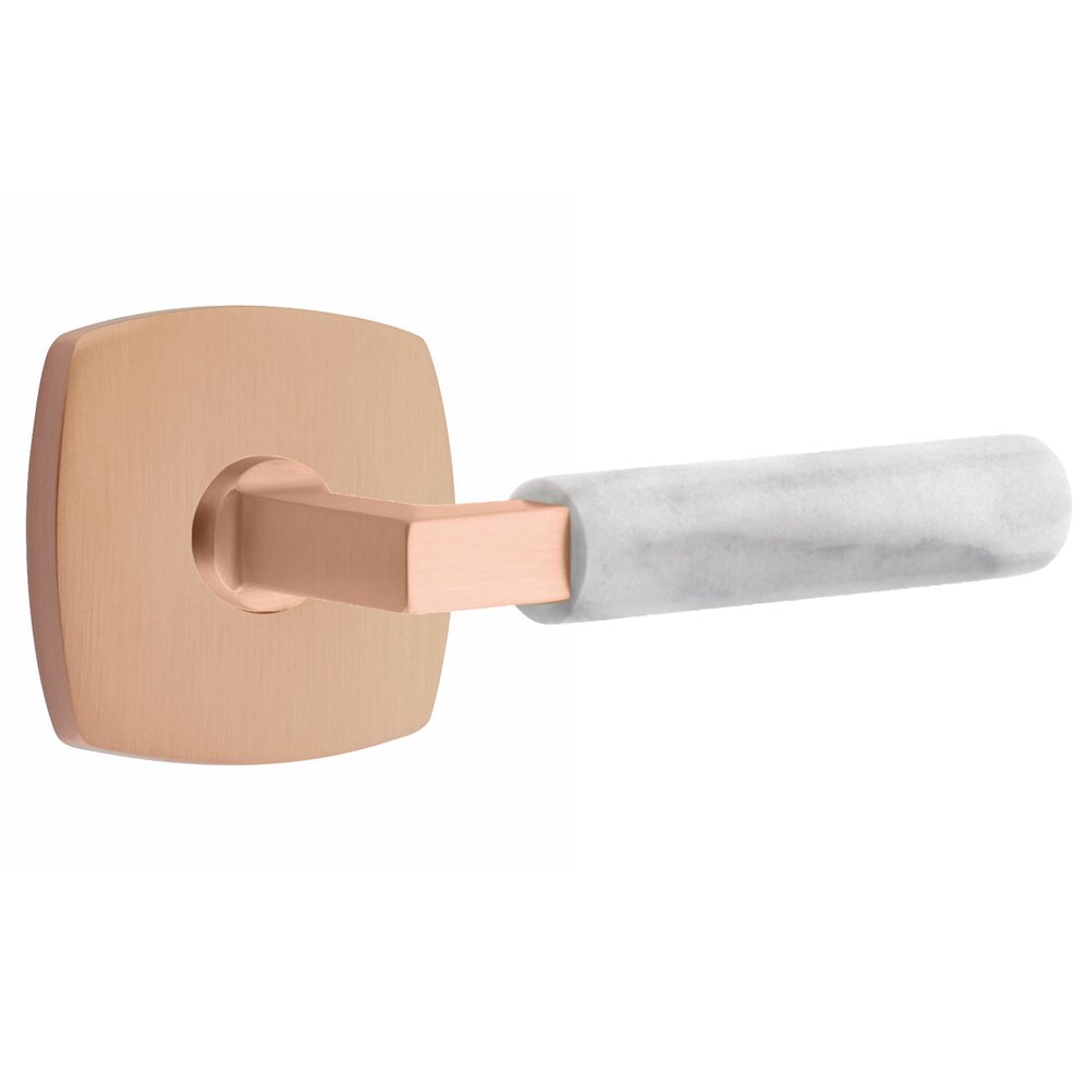 Emtek Privacy White Marble Right Handed Lever With L-Square Stem And Urban Modern Rosette With Concealed Screws In Satin Rose Gold