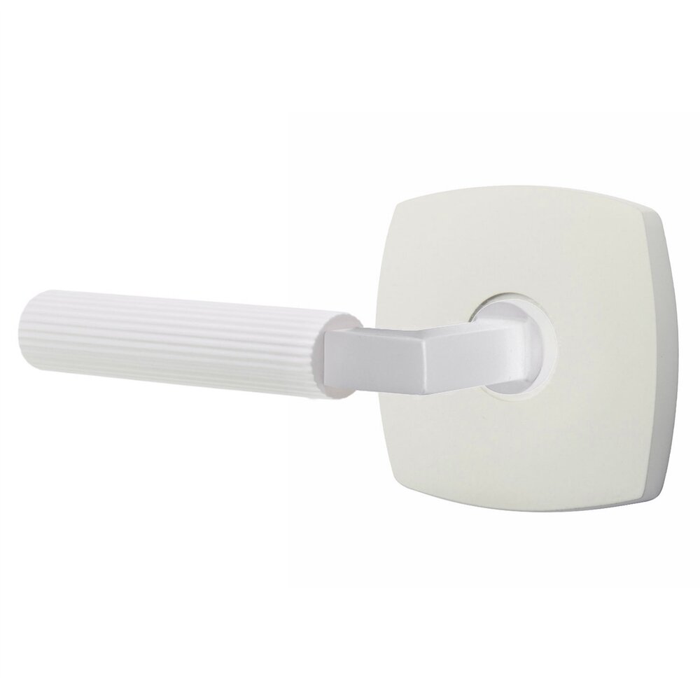 Emtek Privacy Straight Knurled Left Handed Lever With L-Square Stem And Urban Modern Rosette With Concealed Screws In Matte White