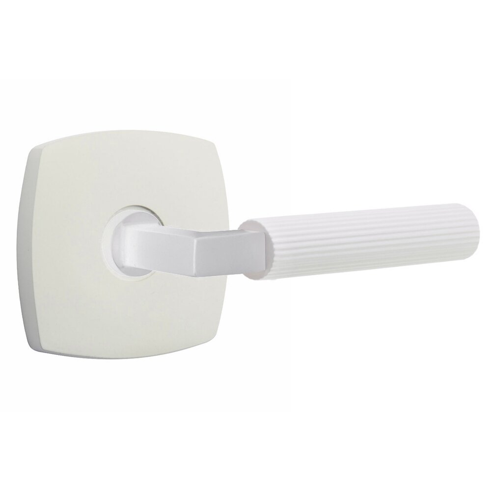 Emtek Privacy Straight Knurled Right Handed Lever With L-Square Stem And Urban Modern Rose In Matte White
