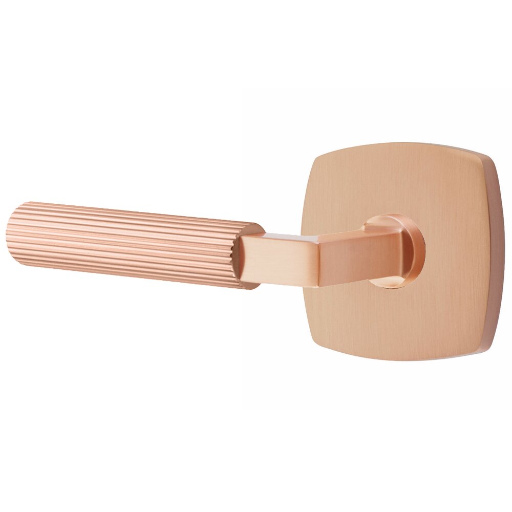 Emtek Privacy Straight Knurled Left Handed Lever With L-Square Stem And Urban Modern Rosette With Concealed Screws In Satin Rose Gold