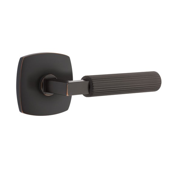 Emtek Privacy Straight Knurled Left Handed Lever With L-Square Stem And Urban Modern Rose In Oil Rubbed Bronze