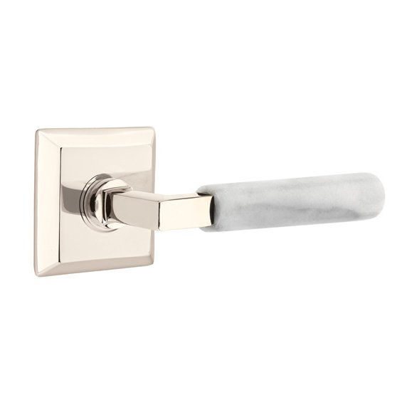 Emtek Passage White Marble Lever With L-Square Stem And Quincy Rose with Concealed Screws In Polished Nickel