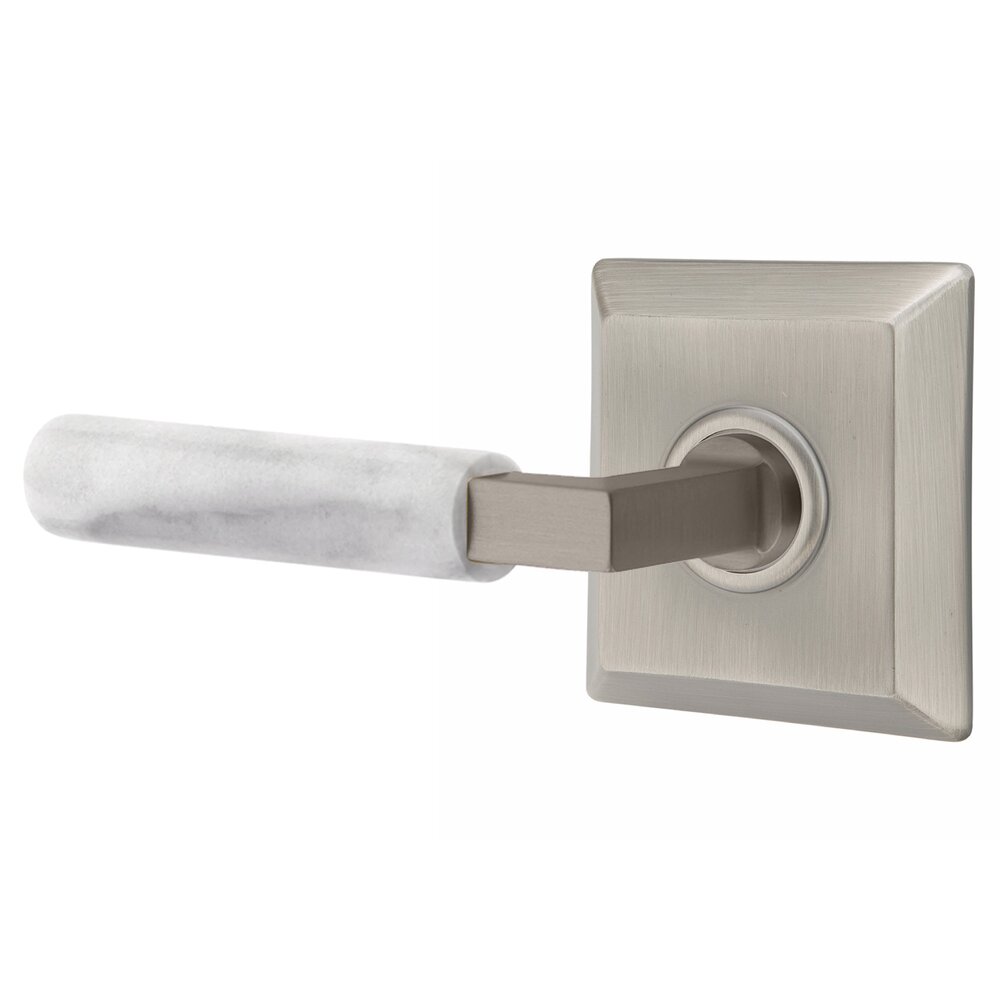 Emtek Passage White Marble Left Handed Lever With L-Square Stem And Quincy Rosette With Concealed Screws In Pewter