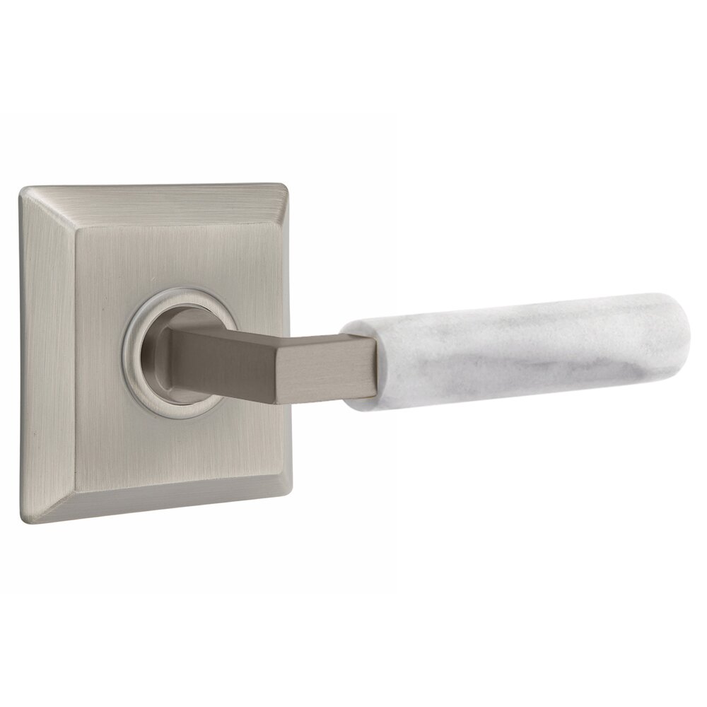 Emtek Passage White Marble Right Handed Lever With L-Square Stem And Quincy Rosette With Concealed Screws In Pewter