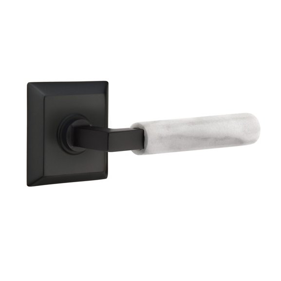 Emtek Passage White Marble Right Handed Lever With L-Square Stem And Quincy Rose In Flat Black