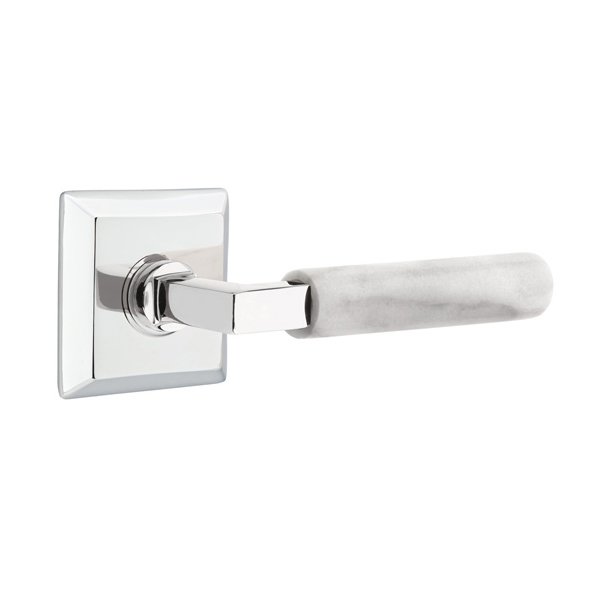 Emtek Passage White Marble Left Handed Lever With L-Square Stem And Quincy Rose In Polished Chrome