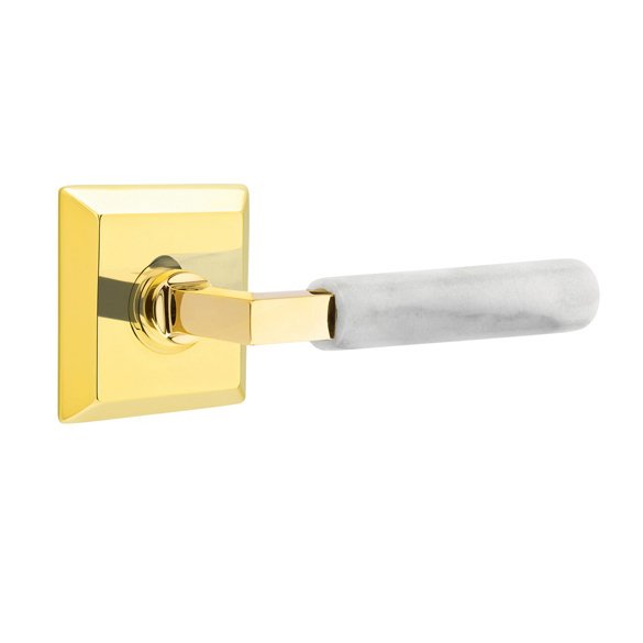 Emtek Passage White Marble Left Handed Lever With L-Square Stem And Quincy Rose In Unlacquered Brass
