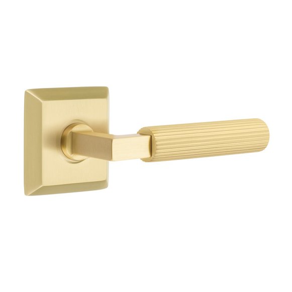 Emtek Passage Straight Knurled Lever With L-Square Stem And Quincy Rose with Concealed Screws In Satin Brass