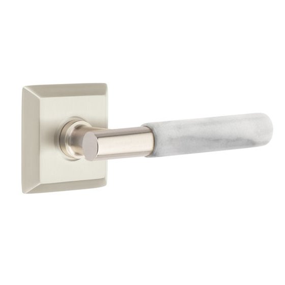Emtek Passage White Marble Lever With T-Bar Stem And Quincy Rose with Concealed Screws In Satin Nickel