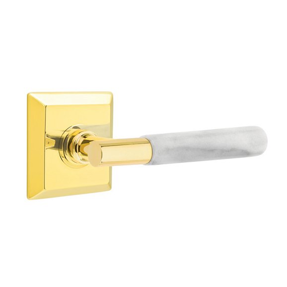 Emtek Passage White Marble Lever With T-Bar Stem And Quincy Rose with Concealed Screws In Unlacquered Brass