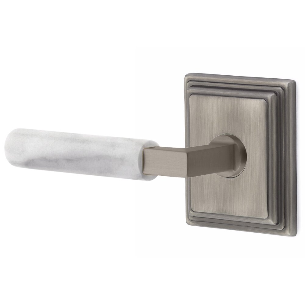 Emtek Passage White Marble Left Handed Lever With L-Square Stem And WIlshire Rosette With Concealed Screws In Pewter