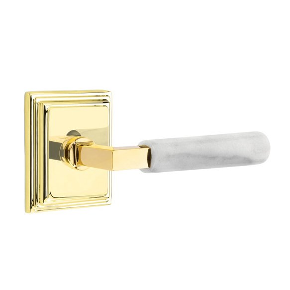 Emtek Passage White Marble Lever With L-Square Stem And Wilshire Rose with Concealed Screws In Unlacquered Brass