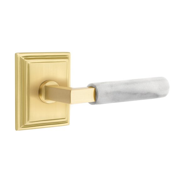 Emtek Passage White Marble Lever With L-Square Stem And Wilshire Rose with Concealed Screws In Satin Brass