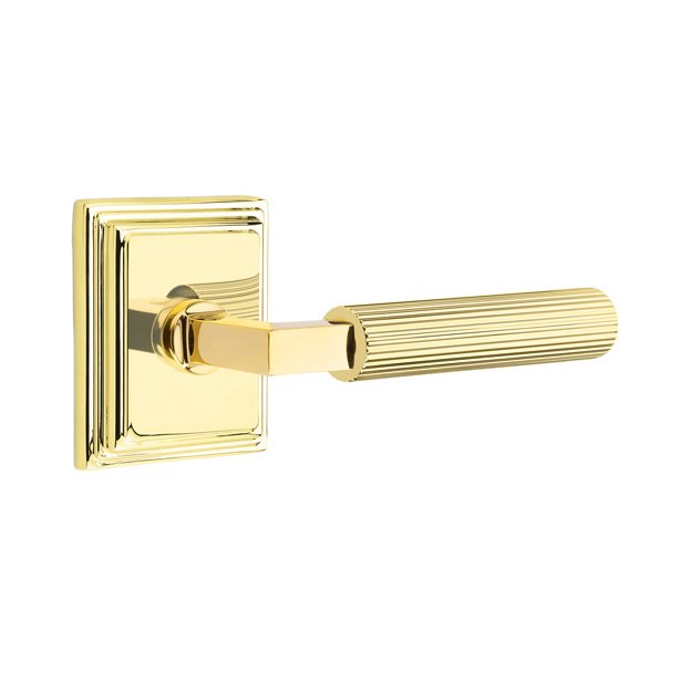 Emtek Passage Straight Knurled Lever With L-Square Stem And Wilshire Rose with Concealed Screws In Unlacquered Brass
