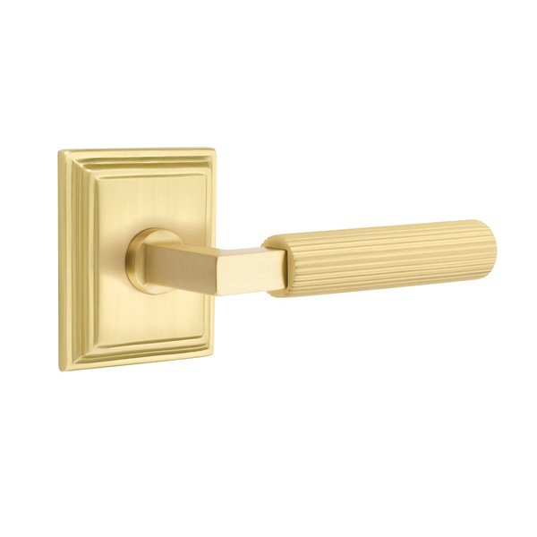 Emtek Passage Straight Knurled Lever With L-Square Stem And Wilshire Rose with Concealed Screws In Satin Brass