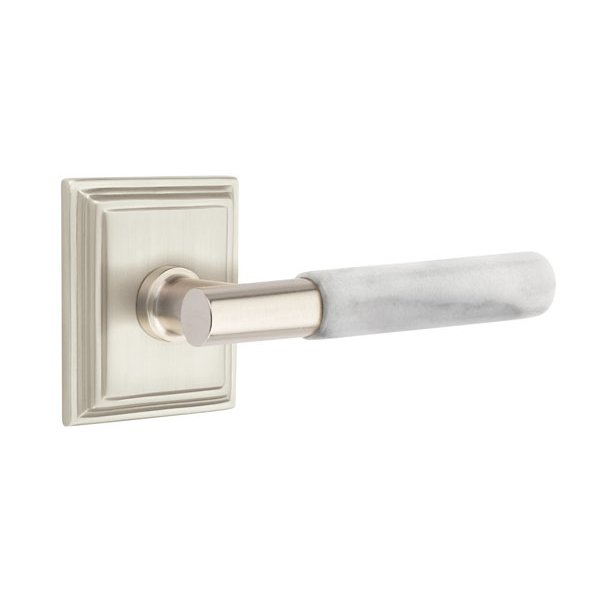 Emtek Passage White Marble Lever With T-Bar Stem And Wilshire Rose with Concealed Screws In Satin Nickel