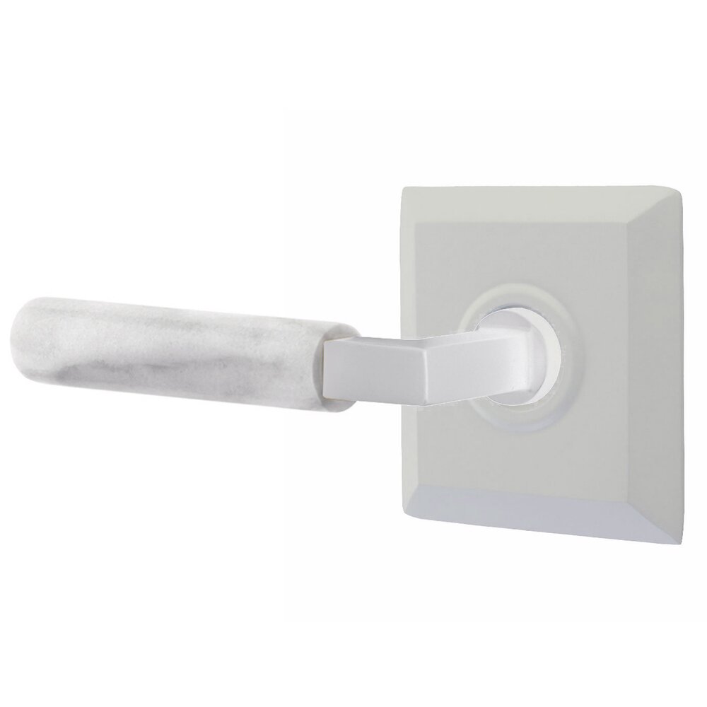 Emtek Privacy White Marble Left Handed Lever With L-Square Stem And Quincy Rose In Matte White