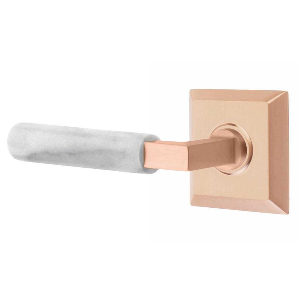 Emtek Privacy White Marble Left Handed Lever With L-Square Stem And Quincy Rosette With Concealed Screws In Satin Rose Gold