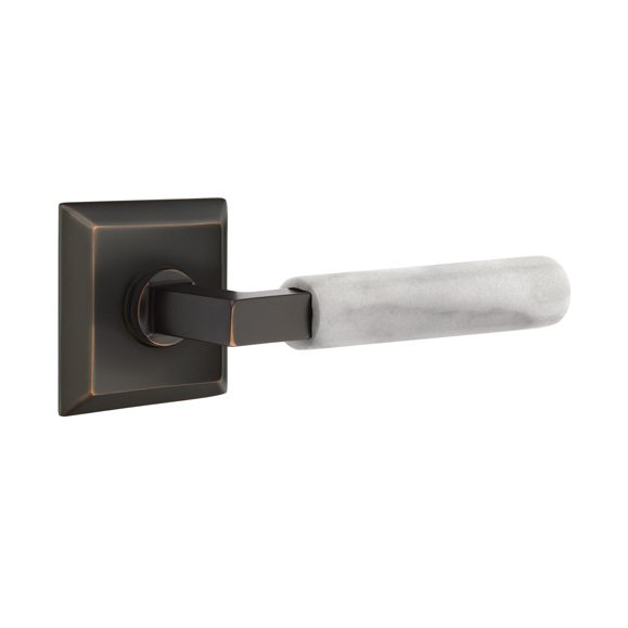 Emtek Privacy White Marble Lever With L-Square Stem And Quincy Rose with Concealed Screws In Oil Rubbed Bronze