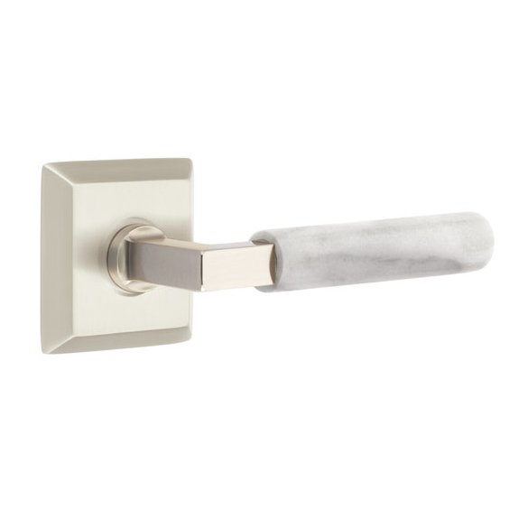 Emtek Privacy White Marble Lever With L-Square Stem And Quincy Rose with Concealed Screws In Satin Nickel