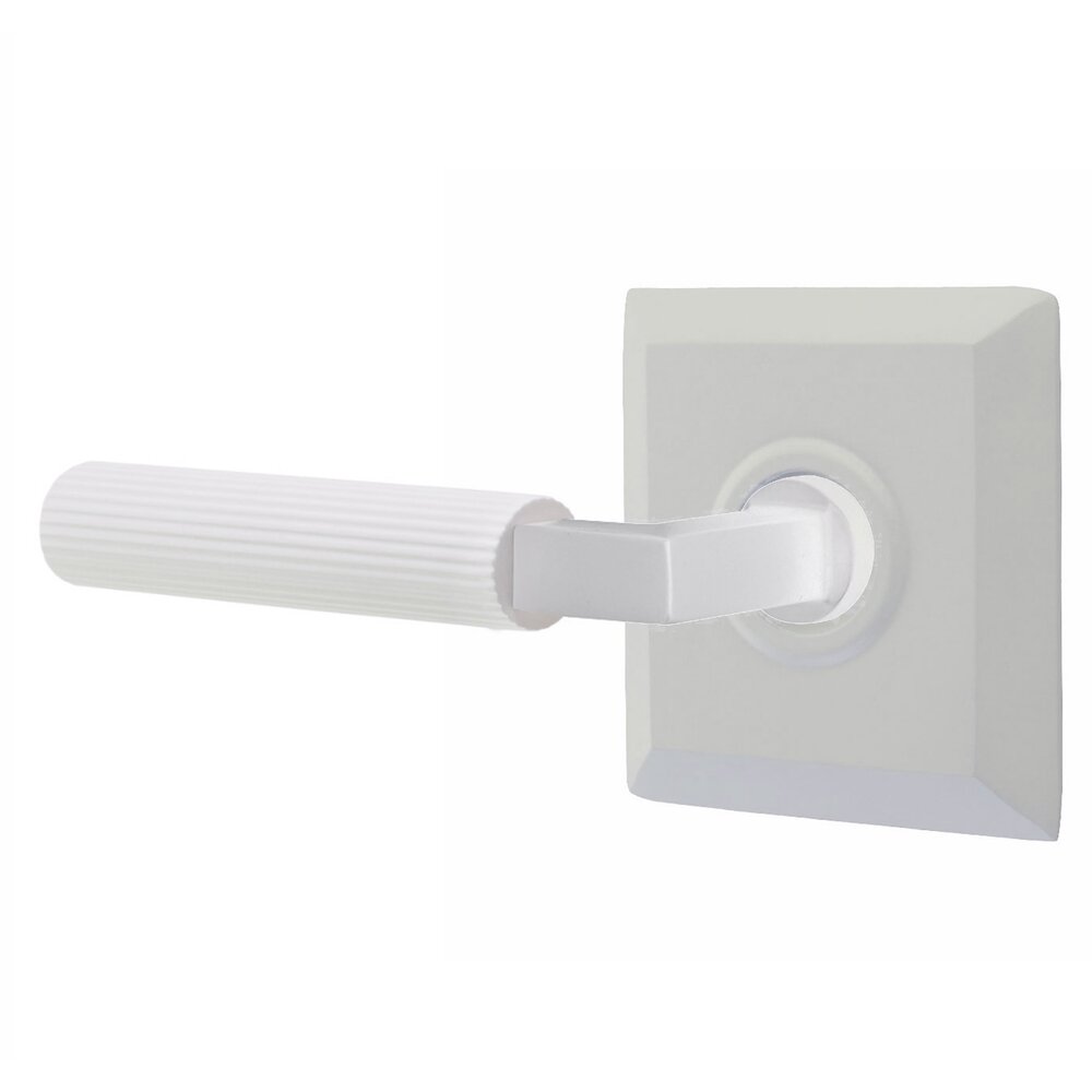 Emtek Privacy Straight Knurled Left Handed Lever With L-Square Stem And Quincy Rose In Matte White