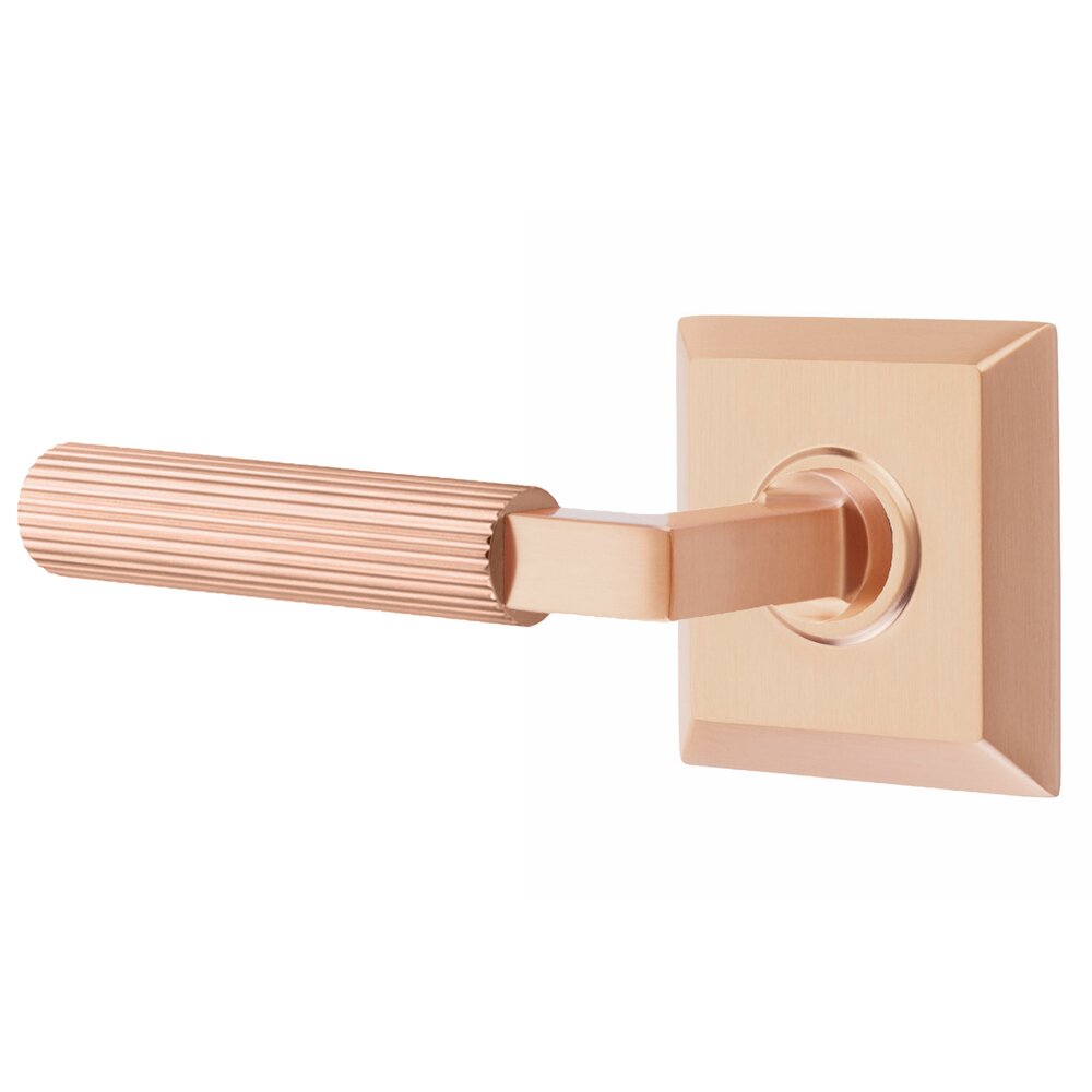 Emtek Privacy Straight Knurled Left Handed Lever With L-Square Stem And Quincy Rosette With Concealed Screws In Satin Rose Gold