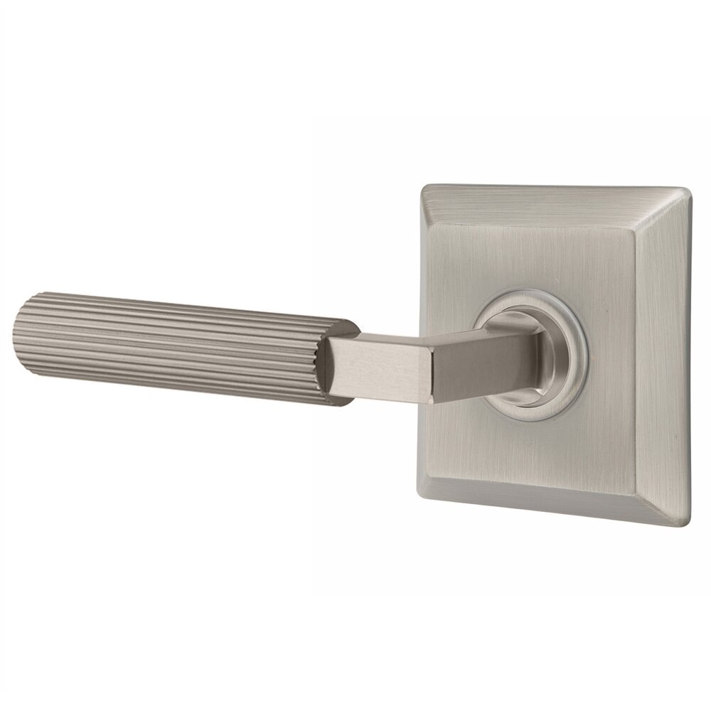 Emtek Privacy Straight Knurled Left Handed Lever With L-Square Stem And Quincy Rose In Pewter
