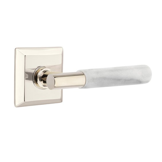 Emtek Privacy White Marble Lever With T-Bar Stem And Quincy Rose with Concealed Screws In Polished Nickel