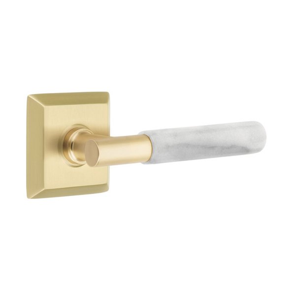 Emtek Privacy White Marble Right Handed Lever With T-Bar Stem And Quincy Rose In Satin Brass