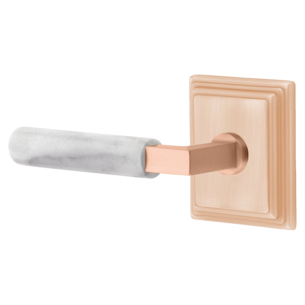Emtek Privacy White Marble Left Handed Lever With L-Square Stem And Wilshire Rose In Satin Rose Gold