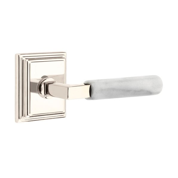 Emtek Privacy White Marble Lever With L-Square Stem And Wilshire Rose with Concealed Screws In Polished Nickel