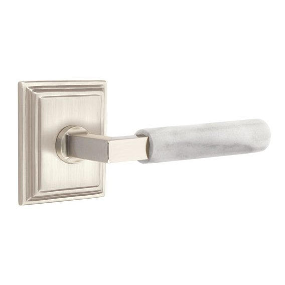 Emtek Privacy White Marble Lever With L-Square Stem And Wilshire Rose with Concealed Screws In Satin Nickel