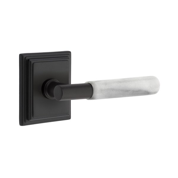 Emtek Privacy White Marble Lever With T-Bar Stem And Wilshire Rose with Concealed Screws In Flat Black