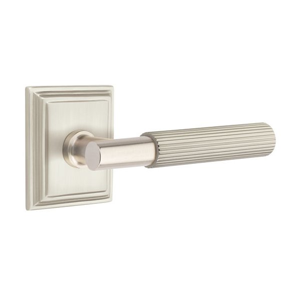 Emtek Privacy Straight Knurled Left Handed Lever With T-Bar Stem And Wilshire Rose In Satin Nickel
