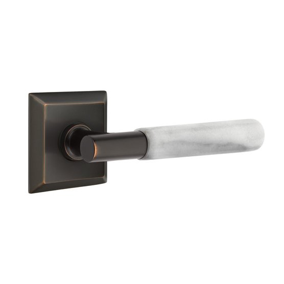 Emtek Single Dummy White Marble Left Handed Lever With T-Bar Stem And Quincy Rose In Oil Rubbed Bronze