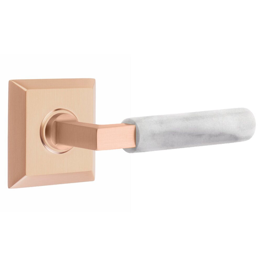 Emtek Double Dummy White Marble Right Handed Lever With L-Square Stem And Quincy Rose In Satin Rose Gold