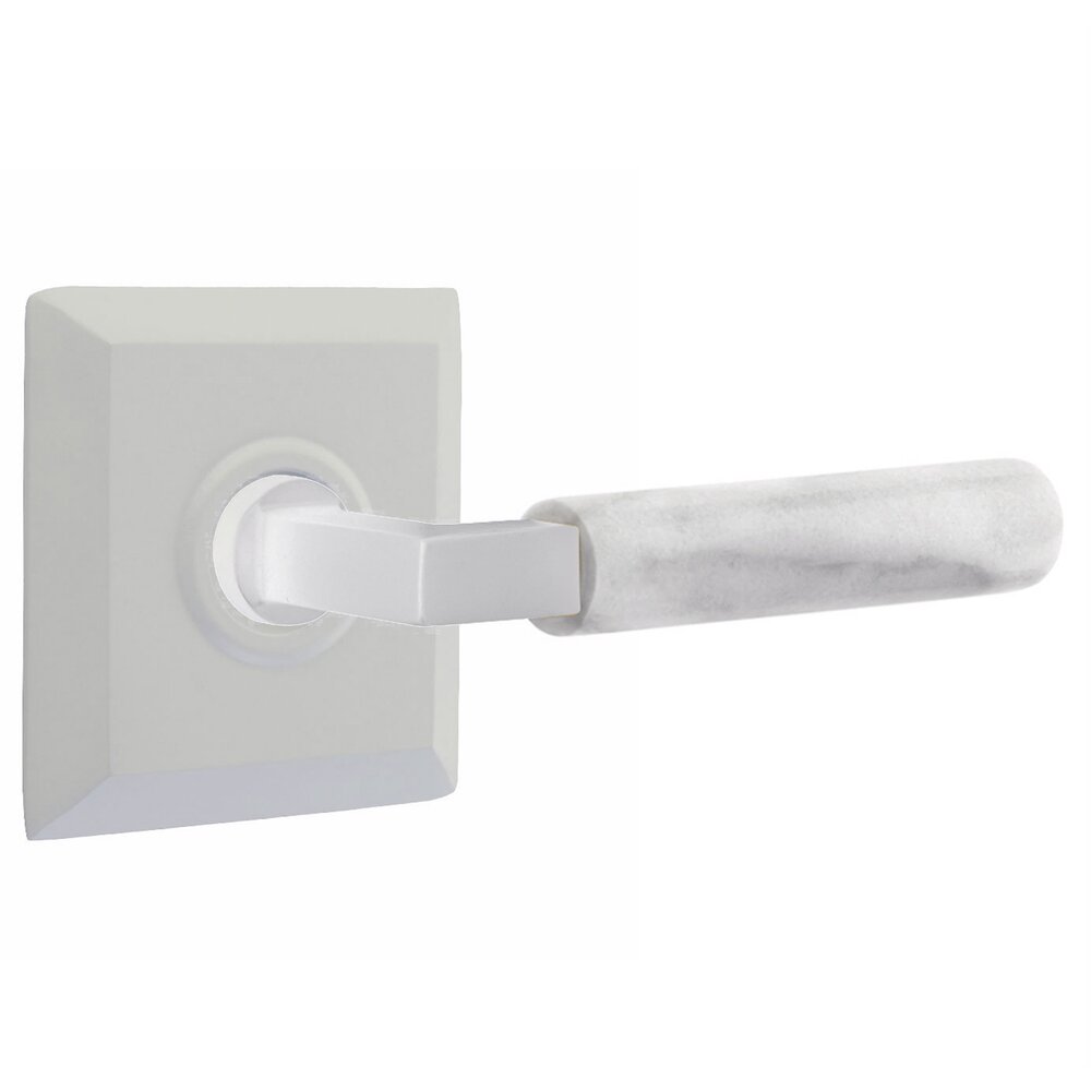 Emtek Single Dummy White Marble Right Handed Lever With L-Square Stem And Quincy Rose In Matte White